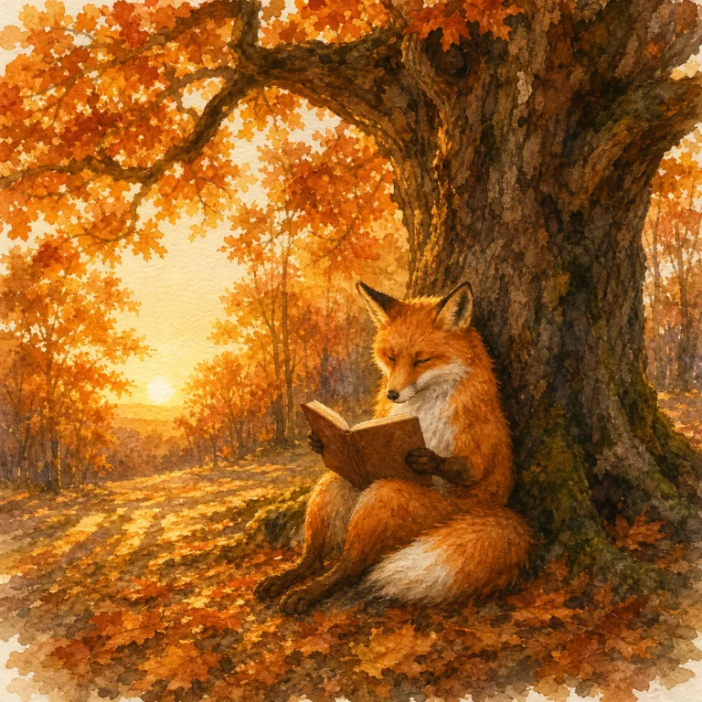 Рыжая лиса читает книгу под дубом в осеннем лесу, акварель