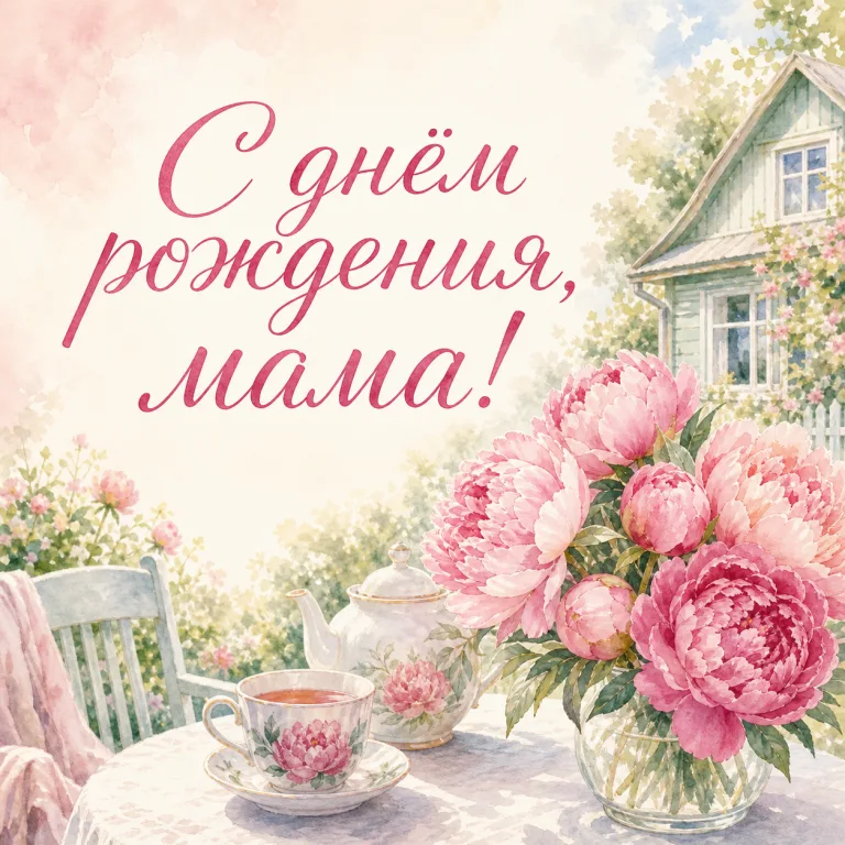 Акварельная открытка маме с пионами и чаем на даче и надписью «С днём рождения, мама!»