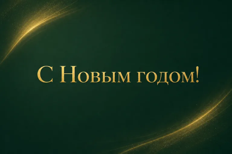 Минималистичная новогодняя открытка в тёмно-зелёном и золоте с надписью «С Новым годом!»