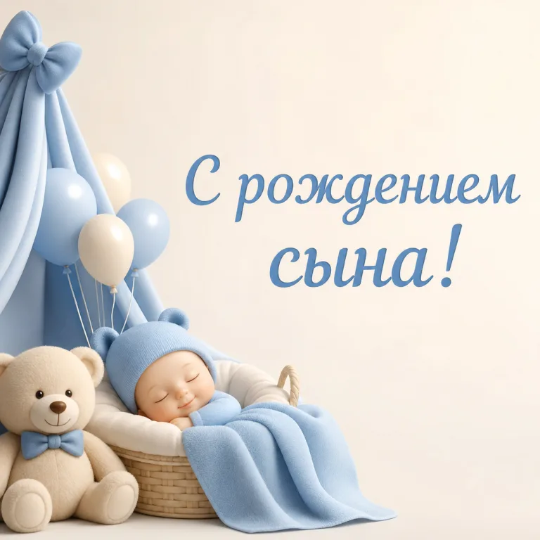 Открытка с 3D-фигурками в голубом и молочном и надписью «С рождением сына!»