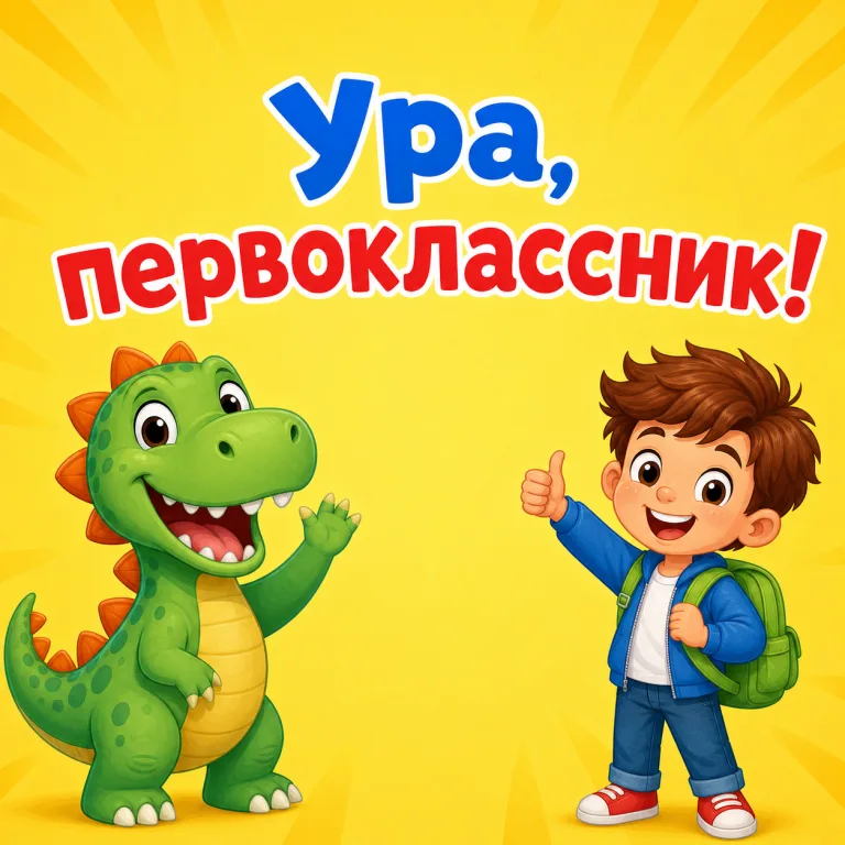 Мультяшная открытка с динозавром и надписью «Ура, первоклассник!»