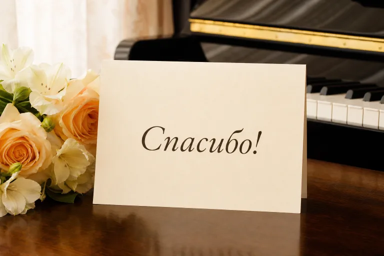 Открытка в стиле фото с надписью «Спасибо!» для учительницы музыки