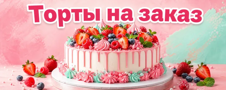 Обложка сообщества ВКонтакте: торт с ягодами и надпись «Торты на заказ» в розовом и мятном