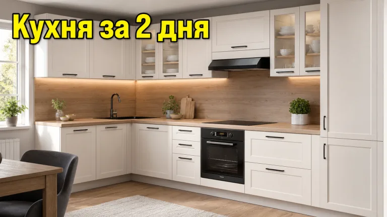 Превью видео: собранная светлая кухня и надпись «Кухня за 2 дня»